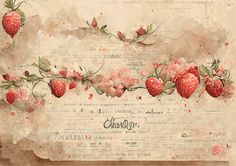 an old paper with strawberries and flowers on the edges is featured in this image