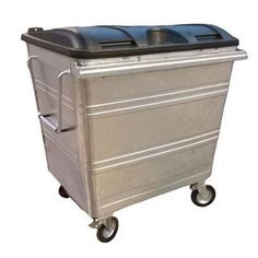 a large metal box on wheels with a black lid