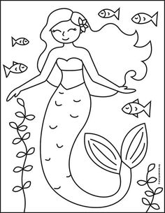 a mermaid coloring page with fish and seaweed in the water, as well as an image