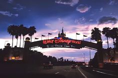 the entrance to walt world is lit up at night