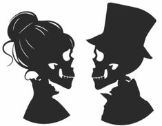 two silhouettes of people wearing hats and hair, one with a skull face on it