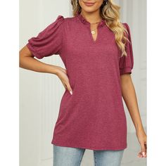 Purplish Red Pleated V Neck Short Sleeve Tees Burgundy Short Sleeve Tops For Spring, Burgundy Casual Short Sleeve Top, Casual Burgundy Short Sleeve Top, Burgundy Short Sleeve Top For Fall, Curved Hem Top, Lightweight Tops, Puff Sleeve Top, Women Tops, Wine Red