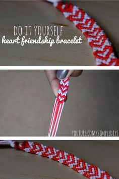 two pictures showing how to make a braided bracelet with red and white beads on it