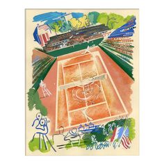 a drawing of a tennis court in the middle of a field with people on it