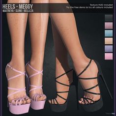 two women's legs with high heels and sandals on them, all in different colors