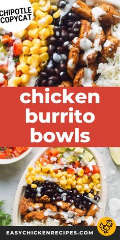 chicken burrito bowls with black beans, corn and cilantro on the side