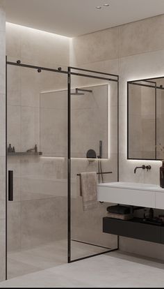 a bathroom with a sink, mirror and shower stall in it's center area