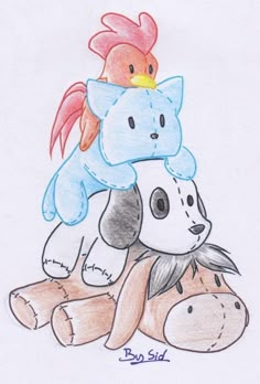 a drawing of two stuffed animals on top of each other