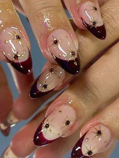 #nails #nailart #nailinspo #nailidea #acrylic Cute Nails Gel Coffin, Almond Acrylic Nails Autumn, Nail Idea Almond Shape, Nail Art Wine Color, Red Nails Press On, Spain Acrylic Nails, Nail Inspo Wine Red, Burgundy Nails With Gems, Vintage Almond Nails