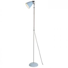 a white floor lamp with a light blue shade on the top and two black legs