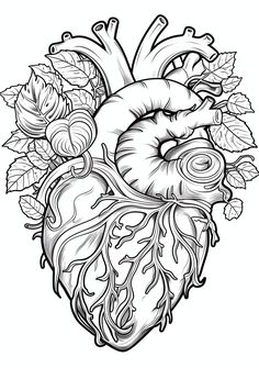 a drawing of a heart with leaves and flowers on the side, in black and white