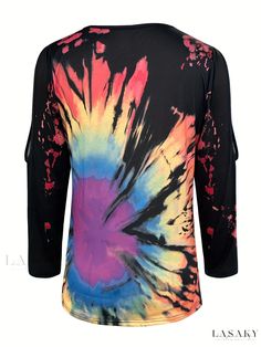 Lasaky - Vibrant Print Crew Neck T-Shirt: Stylish Hollow Long Sleeve Tee for Spring & Summer, Womenswear Colorful Crew Neck Top For Fall, Casual Black Tops With Rainbow Print, Multicolor Long Sleeve Top With Sublimation Print, Long Sleeve Multicolor Top With Sublimation Print, Multicolor Long Sleeve T-shirt For Summer, Multicolor Long Sleeve Summer T-shirt, Multicolor Festival Tops For Fall, Long Sleeve Summer Tops With Rainbow Print, Festival Multicolor Tops With Rainbow Print