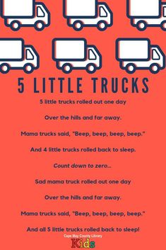 the five little trucks poem is shown in blue and red, with four smaller trucks behind it