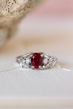 READY TO SHIP: Wisteria ring in 14K white gold, lab ruby pear cut 7x5 mm, accent moissanites, AVAILABLE RING SIZES: 4.5-6.5US | Eden Garden Jewelry™ Engagement Rings Romantic, Nature Engagement Ring, Gold Leaf Rings, Nature Inspired Rings, Branch Ring, Engagement Ring White Gold, Ruby Engagement Ring, Nature Inspired Design, Exclusive Jewelry