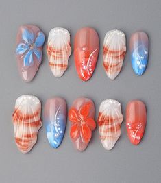 ❤Handmade❤ ❤Unique❤ ❤Reusable❤ ❤Hello, dear. Greetings and welcome to my store. Hope you find a style you like❤ ❤About Product❤ This blue and orange summer press on nails short almond design is filled with oceanic vibes, exuding vitality and romance. The decorations of flowers, seashells, and pearls add a touch of natural, noble, and elegant beauty. The overall nail art design combines the coolness of the ocean with the warmth of summer, making it perfect for vacations or everyday wear. It is th Nails Short Almond Summer, Nails For Vacation, Nails Short Almond, Press On Nails Short, Short Almond