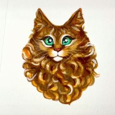 a painting of a cat with green eyes and curly hair on it's face