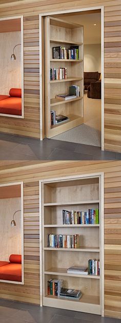 two pictures of the inside of a book shelf