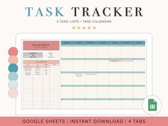 the printable task tracker for google sheets is shown in front of a white background