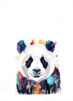 a panda bear with colorful paint splatters on it's face and chest