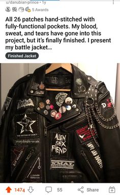 Leather Jacket Punk Diy, Leather Jacket Battle Vest, Patches Leather Jacket, Battle Vest Embroidery, Trad Goth Battle Jacket, Punk Outfits For Women Summer, Crust Punk Leather Jacket, Decorated Leather Jacket