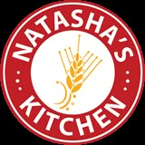 the logo for matasha's kitchen is shown in red and white with wheat on it