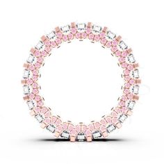 a pink and white diamond ring with two rows of diamonds on the inside of it