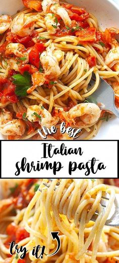 two pictures of pasta with shrimp and tomato sauce