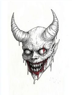 a drawing of a demon mask with blood dripping down it's eyes and horns