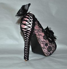 Black And Pink Heels, Pink Gothic Wedding, Pink Goth Wedding, Black And Pink Wedding, Beautiful Corset, Demonia Boots, Corset Lacing, Black Lace Corset