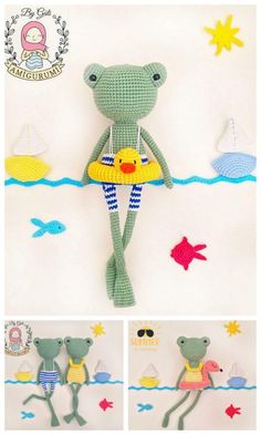 crocheted stuffed frog in swim suit with yellow frisbee and other items