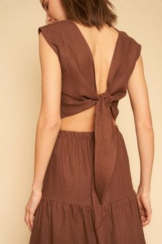 Valentina Top in Chocolate Linen · Whimsy & Row ~ Sustainable Clothing & Lifestyle Brand Chic Cotton Wrap Top, Chic Cotton Wrap Top For Summer, Chic Tie Waist Crop Top For Day Out, Chic Spring Wrap Top With Tie Back, Chic Wrap Top With Tie Back, Chic Linen Crop Top For Vacation, Casual Linen Wrap Top, Summer Linen Tops With Tie Waist, Linen Tie Waist Top For Summer