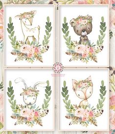 four watercolor paintings of animals and flowers on white paper with floral border around them