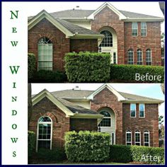 before and after shots of a brick house with green bushes growing on the front windows