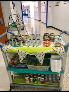 the snack cart is full of snacks and drinks for teachers to use on their school day