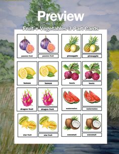 the fruit and vegetables printable cards are displayed in front of a watermelon tree