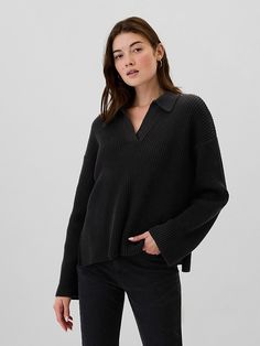 Relaxed 24/7 Split-Hem Johnny Collar Sweater Johnny Collar, Collar Sweater, Split Hem, Cotton Knit, Drop Shoulder, Sweaters & Cardigans, Cardigans, Gap, Sweaters For Women