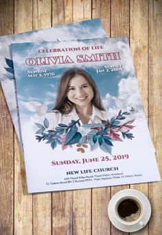 a flyer for an event with a cup of coffee next to it on a wooden table