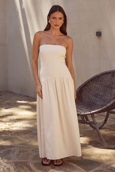 Danika Midi Dress - Latte Gold Jumpsuit, Maxi Tops, Dress Sash, Midi Dress Style, White Long Sleeve Dress, Strapless Neckline, Europe Summer, Satin Maxi Dress, Maxi Gowns