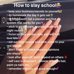 a woman's hand on the dashboard of a car with text overlaying how to slay school