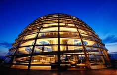 the dome structure is lit up at night