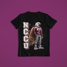 Celebrate your love for North Carolina Central University (NCCU) with our exclusive "NCCU" Eagle T-shirt! Perfect for students, alumni, and supporters, this tee features a striking eagle graphic along with the text "NCCU." Whether you're on campus or showing your pride from afar, this shirt is a must-have for any NCCU Eagle. Key Features:     Design: Majestic eagle graphic with "NCCU" text     Colors Available: Black or White     Material: 100% ring-spun cotton for a soft, premium feel     Brand: Gildan Softstyle T-shirt     Fit: Unisex fit, available in sizes S to XXL     Print Method: High-quality screen printing for vibrant, long-lasting colors     Care Instructions: Machine wash cold, inside-out, with like colors. Tumble dry low or hang dry for best results. Perfect For:     North Caro North Carolina Central University, Central University, Eagle Graphic, Eagle T Shirt, School Events, Pride Tshirts, Color Care, White Material, Text Color