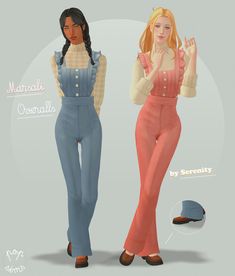 two women standing next to each other wearing overalls and high waisted pants with buttons on them