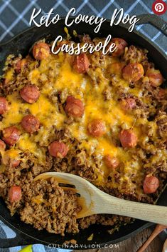 Ground beef and hot dog casserole topped with cheddar cheese in a cast iron casserole Coney Dog Casserole, High Protein Casseroles, High Protein Casserole, Low Carb Casserole, Coney Dog, Low Carb High Protein, Keto Beef, Keto Beef Recipes, Keto Casserole