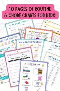 the 10 pages of routine and chore chart for kids with text overlaying