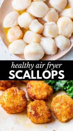 scallops on a plate next to broccoli and other foods with text overlay that reads healthy air fryer scallops