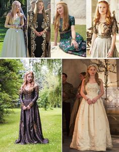 four different pictures of women in medieval dresses