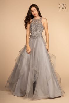 High Neck Ball Gown, Tulle Long Dress, Tulle Long Prom Dress, Embroidered Bodice, Tiered Skirts, Sleeveless Gown, Grey Maxi Dress, Tulle Ball Gown, Sequin Maxi Dress