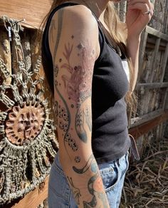 Intricate Sleeve Tattoo, Lesbian Tattoo Sleeve, Layered Tattoo, Mixed Style Tattoo Sleeve, Aesthetic Tattoo Ideas, Tattoo Designs Drawings, Fine Line Tattoo Ideas, Dainty Tattoo, Line Tattoo Ideas