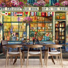 the bookshop wallpaper mural is in front of a table with four chairs and two bicycles