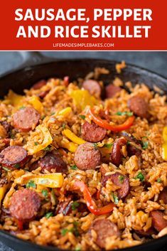 sausage, pepper and rice skillet in a black pan with the title above it